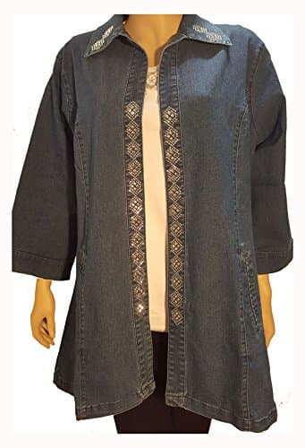 Blue Denim Long Jacket Duster Silver Bling Embellished (3x)