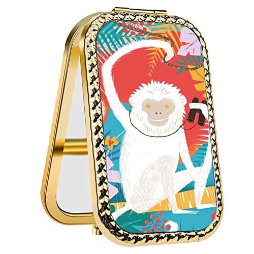 Specialized Design Rectangle Golden Monkey Palm Tree Portable makeup mirror, Travel Compact Portable Pocket Folding Makeup Vanity Cosmetic Mirror for Women