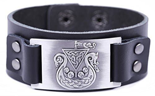 EUEAVAN Viking Pirate Ship Triquetra Dragon Pattern Bracelet for Men and Women (Antique Silver,Black Leather)