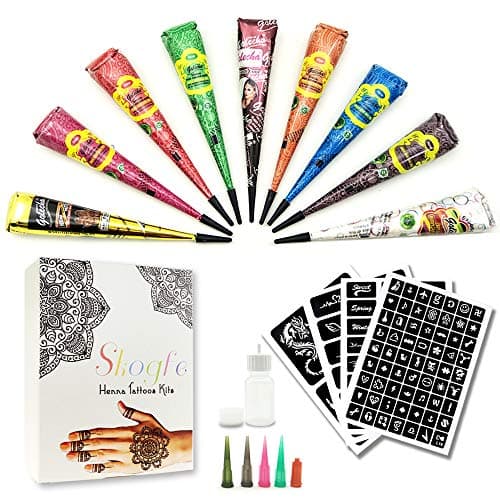 Temporary Tattoo Kit-9Color Temporary Tattoo Paste Cone with 107 Pcs Template Set,1 x Applicator Bottle and 5 x Plastic Nozzle.