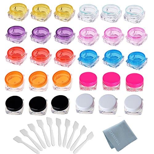 Elfenstall- 20pcs 5 Gram Jar Cosmetic Sample Empty Container, Plastic, colorful Screw Cap Lid, Small Tiny 5g Bottle with Mask/Cream Spatula for Make Up, Eye Shadow, Nails, Powder, Gems, Beads, Jewelry