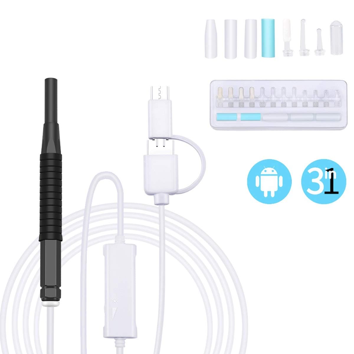 Nosii USB+Micro USB + Type-C Mini HD 720P Otoscope, 3 In 1 Ear Camera Scope Earwax Removal Kit Ear Wax Cleaning Tool (Color : Black)