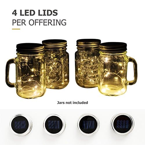 4 Pack - Solar Mason Jar Lights - Screw Top Silver Lids With 10 LED String Fairy Lights - Soft Warm White Glow Patio Garden Path Decoration Lights - Wedding Table Warm Soft Glow. Jars not included