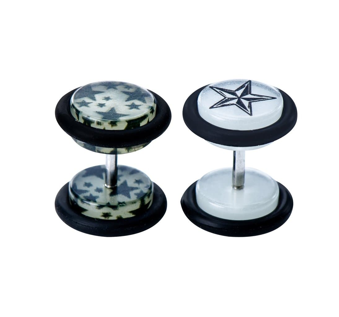 Holy Plug Piercing Value Pack 2PC 16g Stainless Steel Acrylic Glow In Dark & Hotpring Stars Fake Tunnel Plug Ear Studs