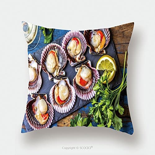 Custom Satin Pillowcase Protector Seafood Shellfish Raw Scallops With Lemon Cilantro And White Wine On Black Stone Slate Plate 523390435 Pillow Case Covers Decorative