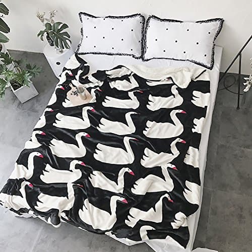 Karever Bed Throw Blankets Sherpa Blanket Throws for Couch Soft Heavy Weight Warm Reversible Black with White Swan Full Size Queen Size Blanket