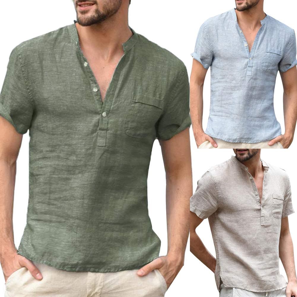 Ukallaite Men's Shirt&Men Solid Color Button V Neck Patch Pocket Linen Short Sleeve T Shirt Summer Top