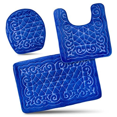 Bathroom Rug Mats Set 3 Piece - Memory Foam Extra Soft Shower Bath Rugs – Contour Mat and Lid Cover - Perfect Combination of Luxury and Comfort - Royal Blue/Designs