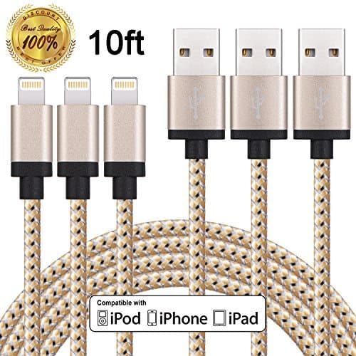 Winage 3Pack 10ft Nylon Braided Lightning to USB Charge &amp; Sync Cable Cord with Aluminum Connector Compatible with iPhone 7/7Plus,6/6s/6plus/6splus, 5c/5s/5/SE, iPad Air/Mini, iPod Nano/Touch (Gold)
