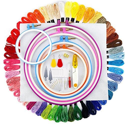 YTH 83 Pieces Full Range of Embroidery Starter Kit Including 50 Color Threads, 5 Pieces Plastic Embroidery Hoop, 1 Pieces Large Count Classic Reserve Aida, 2 Set Cross Stitch Tool Kit and Instructions