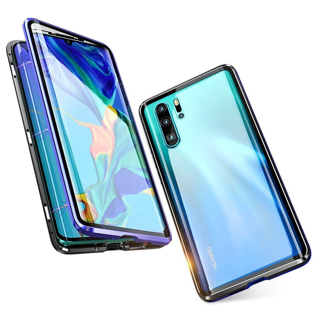 Case for Huawei P30 Pro Cover Magnetic Adsorption Tech Front Back Tempered Glass Unibody Design Powerful Magnets Built-in Frame 360 Degree Protection Shockproof Metal Flip Cover, Blue Black