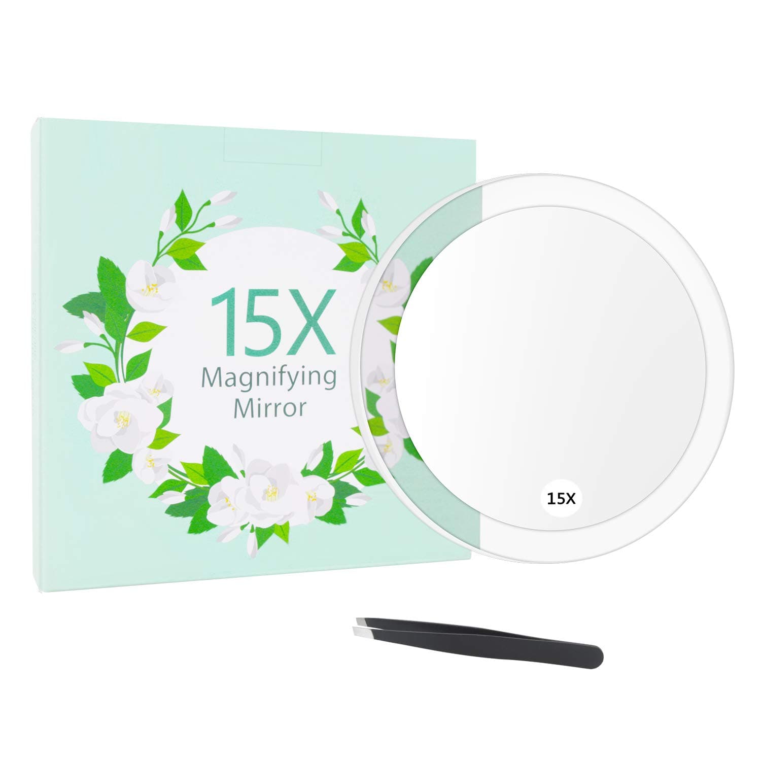 15x Magnifying Mirror with 3 Suction Cups - Use for Makeup Application, Tweezing, Blackhead/Blemish Removal - Travel Magnification Mirror with Tweezers and Storage Bag,6 INCH