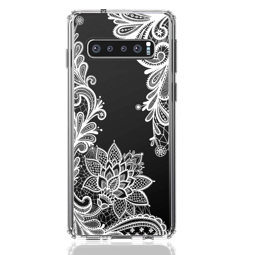 HUIYCUU Case Compatible with Galaxy S10 Plus Case, Shockproof Clear Design Flower Pattern Slim Fit Soft Bumper + Hard Back Cover for Girl Women for Galaxy S10 Plus, White Lace