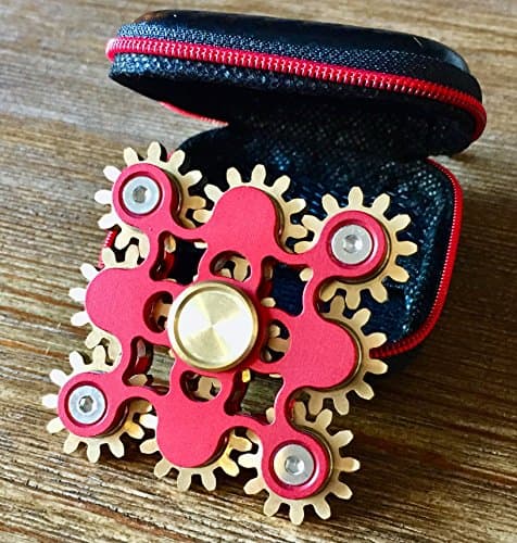 9 Gear Fidget Spinner With Carrying Case- Red Metal Surface with Brass Gears - Premium 9 Gear Spinner, Ultra Durable and Stable - Luxury - US International Trade Corp.