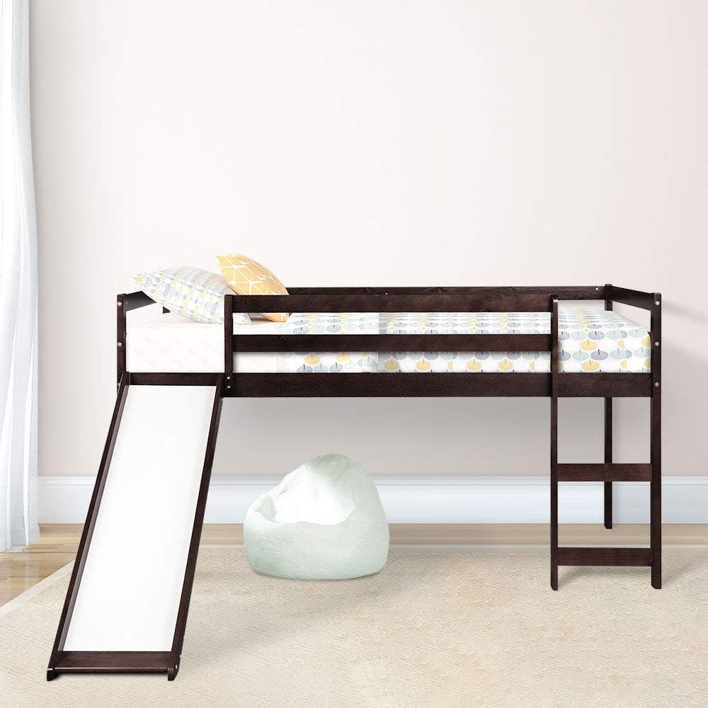 Low bunk Bed, Twin bunk Bed with Slide and Ladder for Kids, Toddlers Espresso