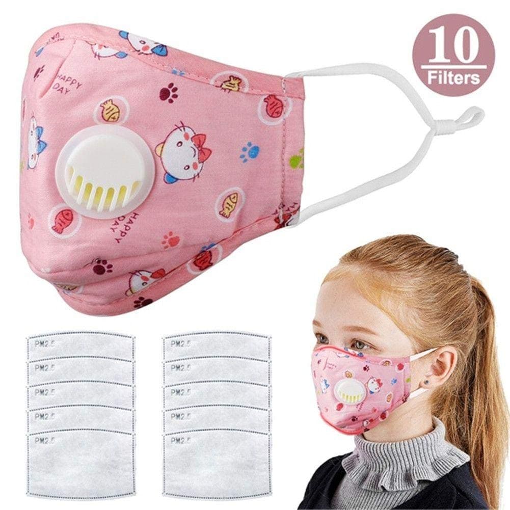 WONMAX Kids Reusable Washable Face Cover 4 Layer Cotton Dustproof Protective Cover with Adjustable Earloops & Activated Carbon Valve, 10 Filters