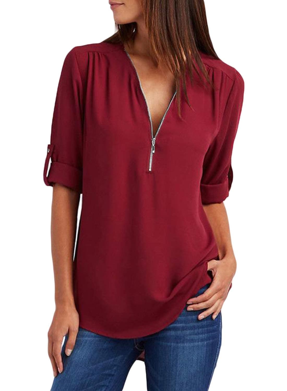 Women 4/1 Zip Front Tops Solid Short Sleeves Blouses Shirts