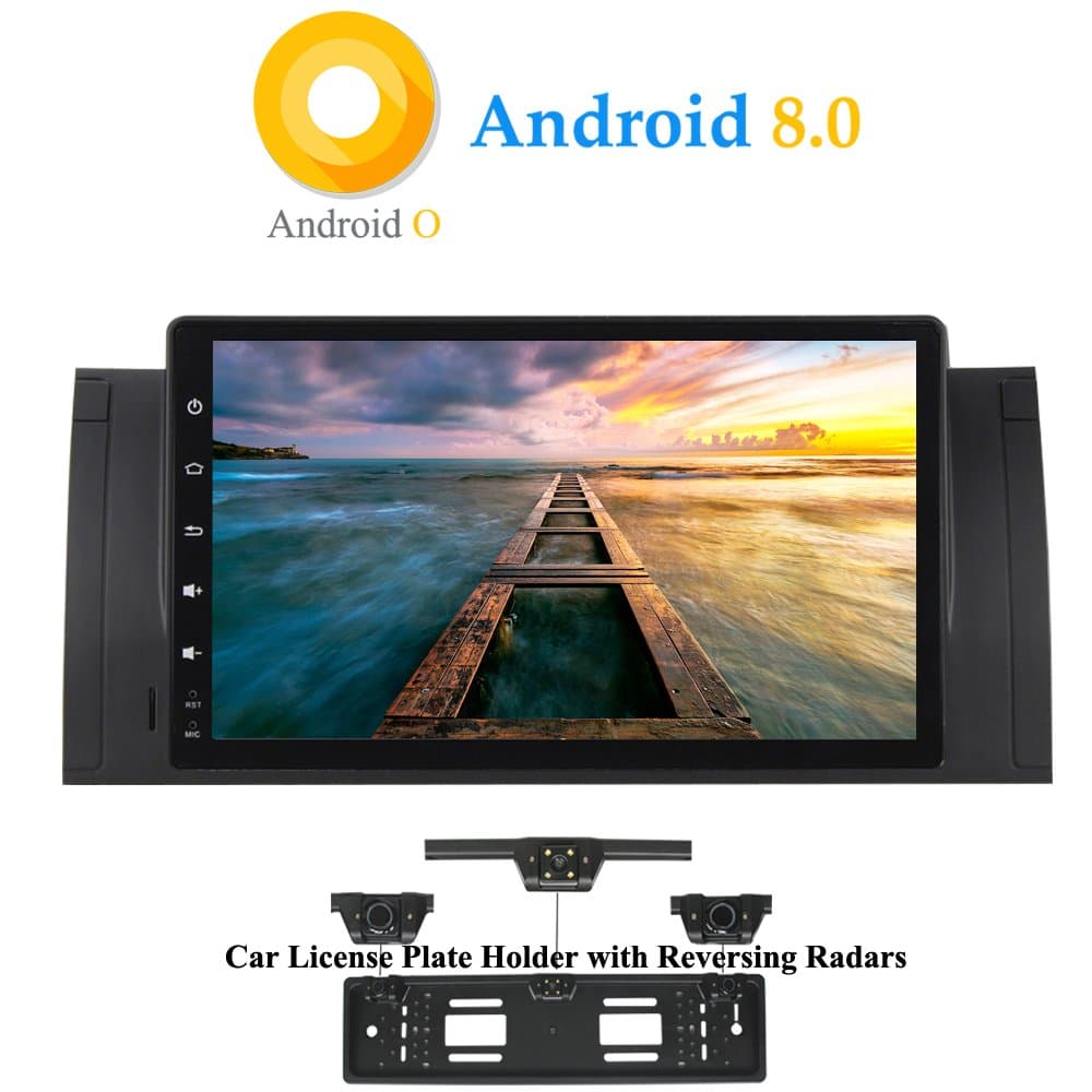 XISEDO Android 8.0 In-Dash Car Stereo 9" Autoradio 8-Core RAM 4G ROM 32G Head Unit Car Radio Sat Nav Car GPS Navigation for BMW 5-E39/BMW X5-E53 Support WiFi, RDS (with UK/EU License Plate Frame)