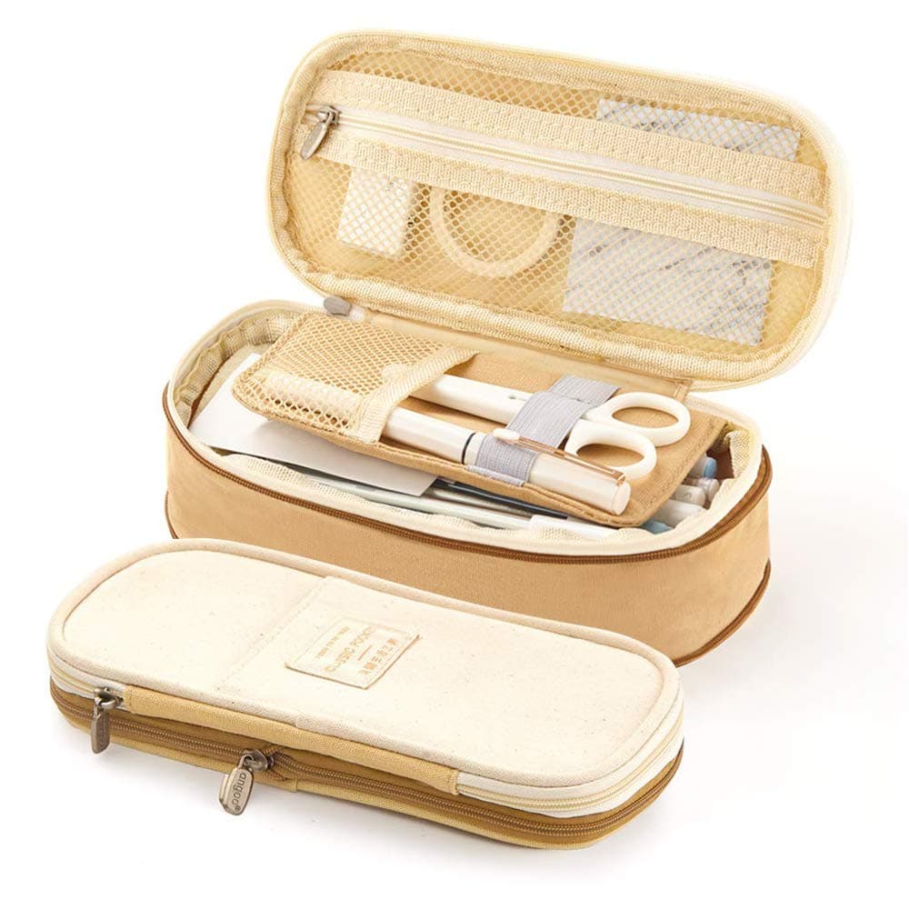 Large Capacity Pencil Case Durable School Student Pen Holder Organizer Stationery Makeup Cosmetic Pouch for Girls, 20x9cm (Khaki)