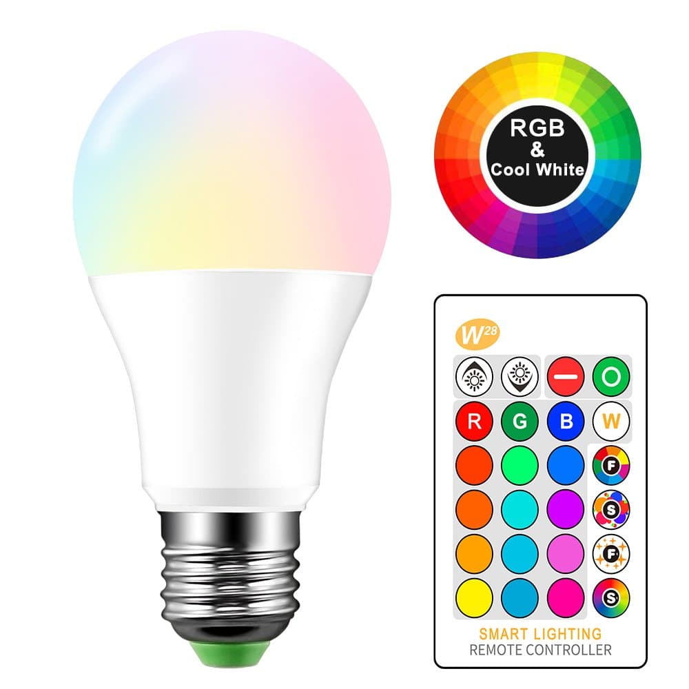 Konesky 10W E27 RGBW Multi Colour Changing Light Bulbs Dimmable Lights Led Party Light 16 Colors Cool White 6000K Edison Screw Remote Control Bulb