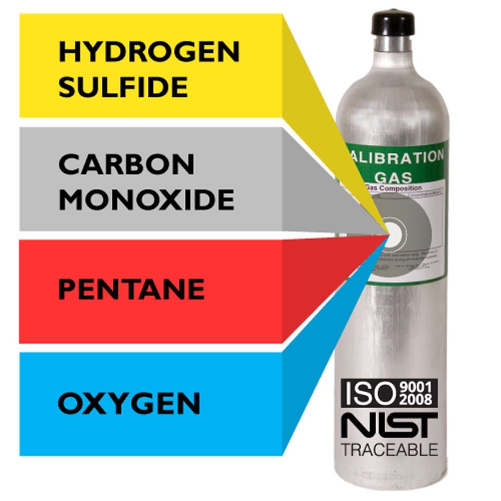 Multi Calibration Gas Mix: 25 PPM Hydrogen Sulfide, 100 PPM Carbon Monoxide, 0.35% (25% LEL) Pentane, 19% Oxygen, Balance Nitrogen (58 Liter)