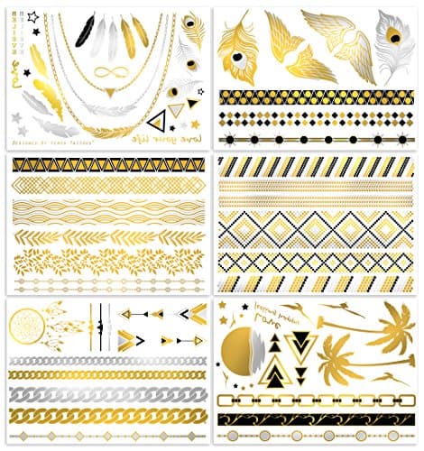V.T Metallic Tattoos - HUGE! 6 SHEETS PACK (more than 50 tattoos!) - Gold Silver & Black Body Temporary Metallic Tattoos - Jewelry Inspired Bling Temp Tattoos - Long Lasting Trendy Designs …