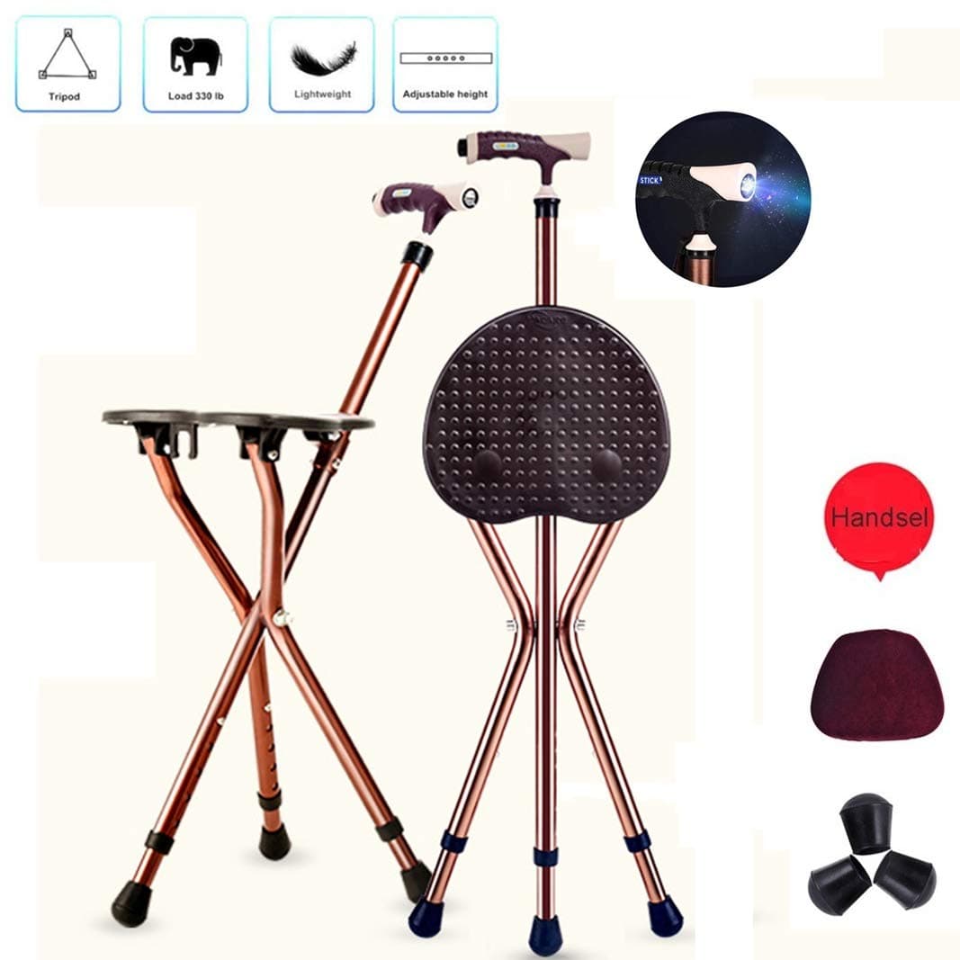 Trjyr Walker- Adjustable Folding Lightweight Walking Stick Cane with Massage Seat and LED Light for Seniors Disabled, Fishing Rest Stool Mobility Daily Living Aids Equipment Crutches