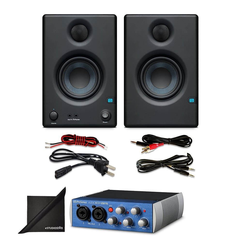Presonus AudioBox USB 96 Audio Interface w/PreSonus Eris E3.5 3.5" Monitoring Speakers (Pair) and eStudioStar Polishing Cloth