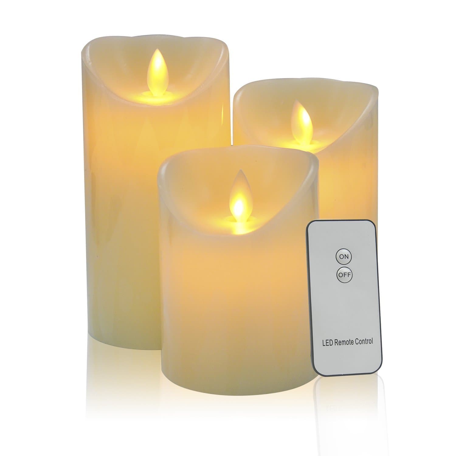 KOUME LED candles with moving flame - real flame effect LED real wax candles with 10 key remote control and timer [classic dumpling, ivory color] - 3 pack