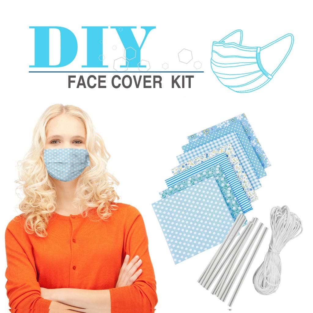 Cotton Craft Fabric Bundle Patchwork Squares Quilting Sewing Patchwork Different Pattern Cloths DIY Scrapbooking Artcraft,7 Pieces/Pack w/10 x Face Cover Metal Wire (Blue)