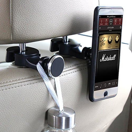 OCTO MOUNTS – Backseat Headrest Magnet Cellphone Holder with Organizer Hook. Our Magnetic Mount is Compatible with Smartphone, GPS, Tablets &amp; E-Readers. Includes Silicone Security Band. (Single)