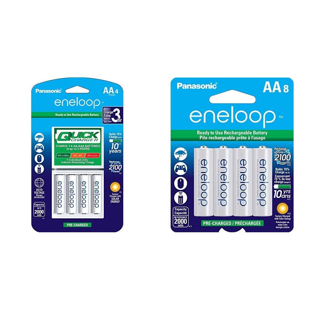 Panasonic Advanced eneloop Individual Battery 3 Hour Quick Charger with 4 AA eneloop Rechargeable Batteries, White & BK-3MCCA8BA eneloop AA 2100 Cycle Ni-MH Pre-Charged Rechargeable Batteries, 8 Pack