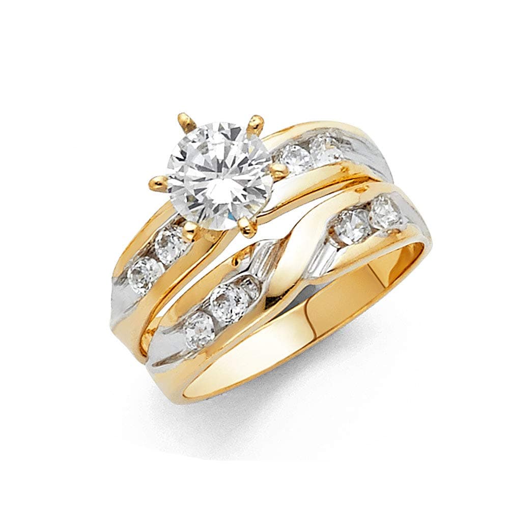 Wellingsale Solid 14k Two 2 Tone White and Yellow Gold Polished CZ Cubic Zirconia Round Cut Engagement Ring with Side Stones and Wedding Band Bridal Set