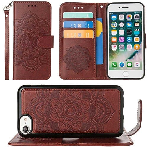 CellularOutfitter iPhone 6/6s/7 Leather Wallet Case Mandala Embossed - Includes Detachable Matching Case and Wristlet - Brown