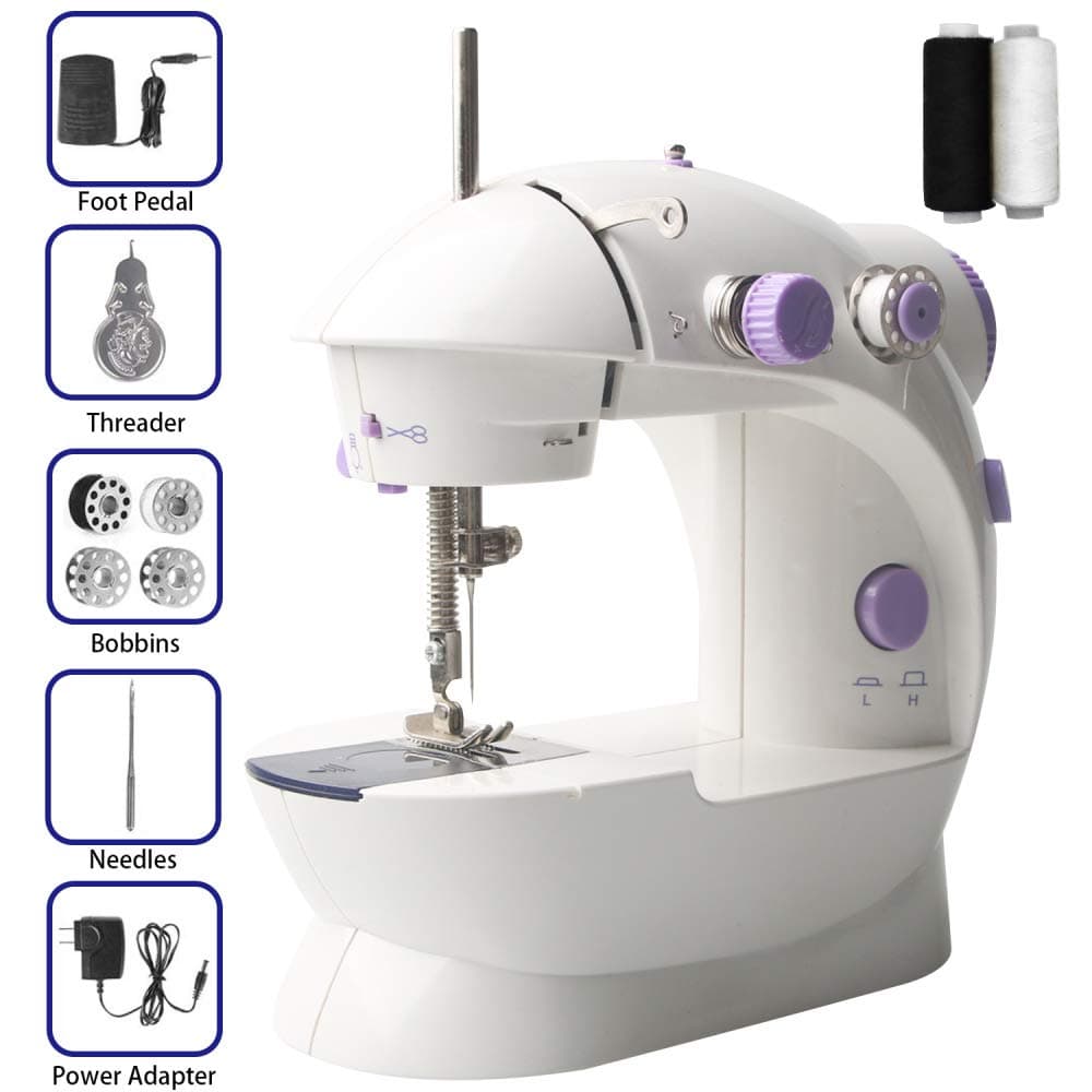 Mini Sewing Machine Double Speed with Light + Foot Pedal + 4 Coils AC100-240V Automatic Sewing Machine Electric Crafting Mending Machine (Purple)