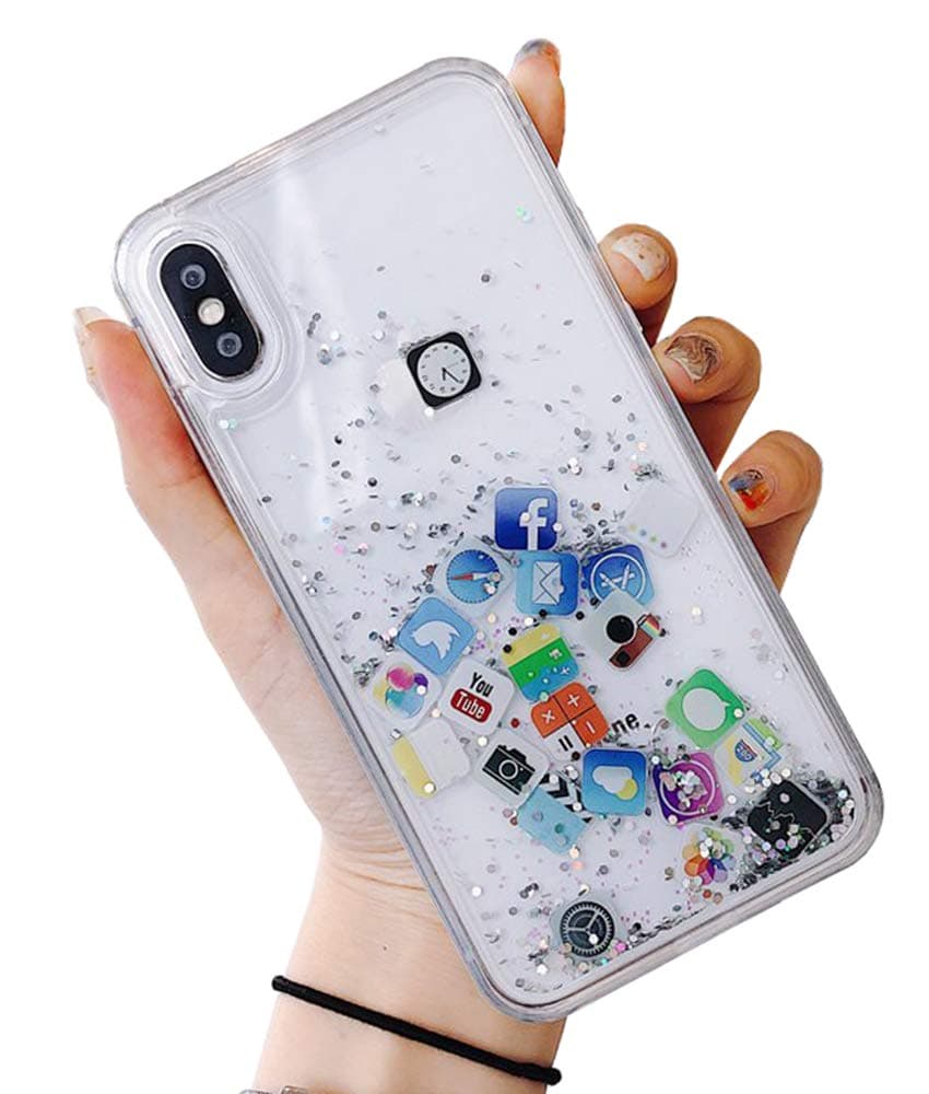 Skoveph Liquid Glitter Case Compatible with iPhone XR, Hard Back Colorful Bling Quicksand with ios icon Apple APP Shine Phone Case (iPhone XR, Silver Glitter)