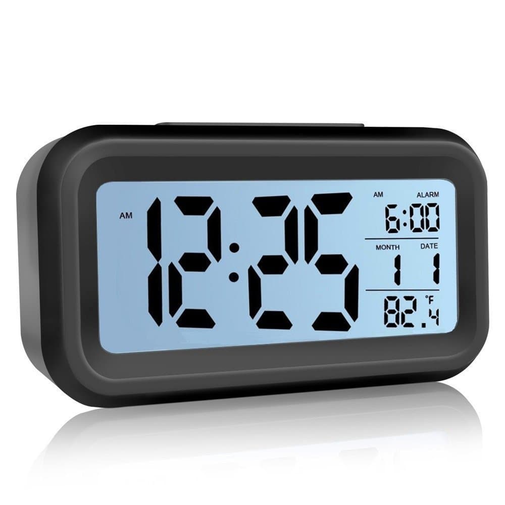 Alarm Clock,Digital Clock Easy to Set and Watch,LCD Display Low Light Sensor Technology Soft Night Light Repeating Snooze Month Date & Temperature Display