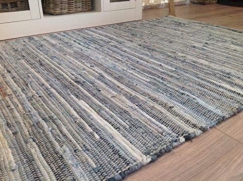 Second Nature Online Denim Square Blue Cotton Rag Rug Hand Loomed with Recycled Materials