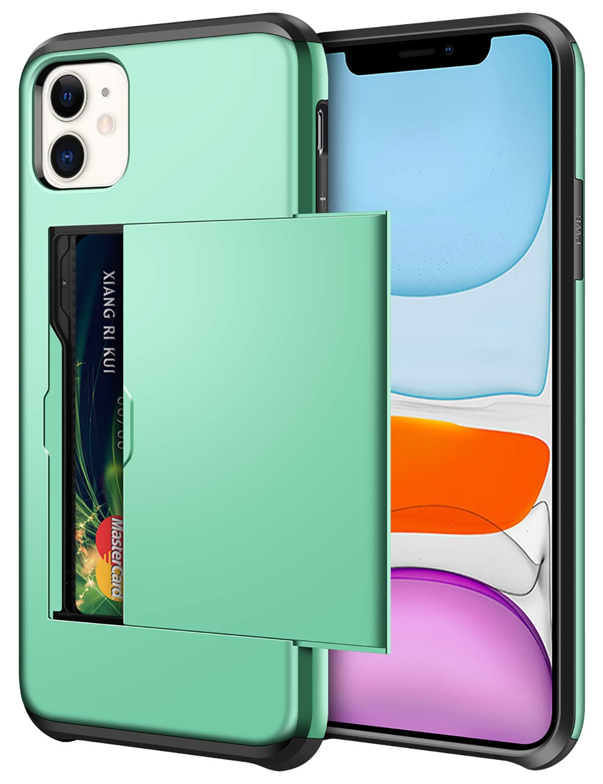 SAMONPOW Wallet Case for iPhone 11 Case with Card Holder Dual Layer Hybrid Shell Heavy Duty Protection Shockproof Anti Scratch Soft Rubber Bumper Cover Case for iPhone 11 6.1 inch Mint