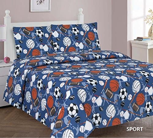 Jenin Kids Printed Sheet Set: Flat & Fitted Sheets with Pillow Cases. Choose from Butterfly, Dinosaur, Shark, Princess, Sports, Sailor Prints Twin or Full (Full, Sports)
