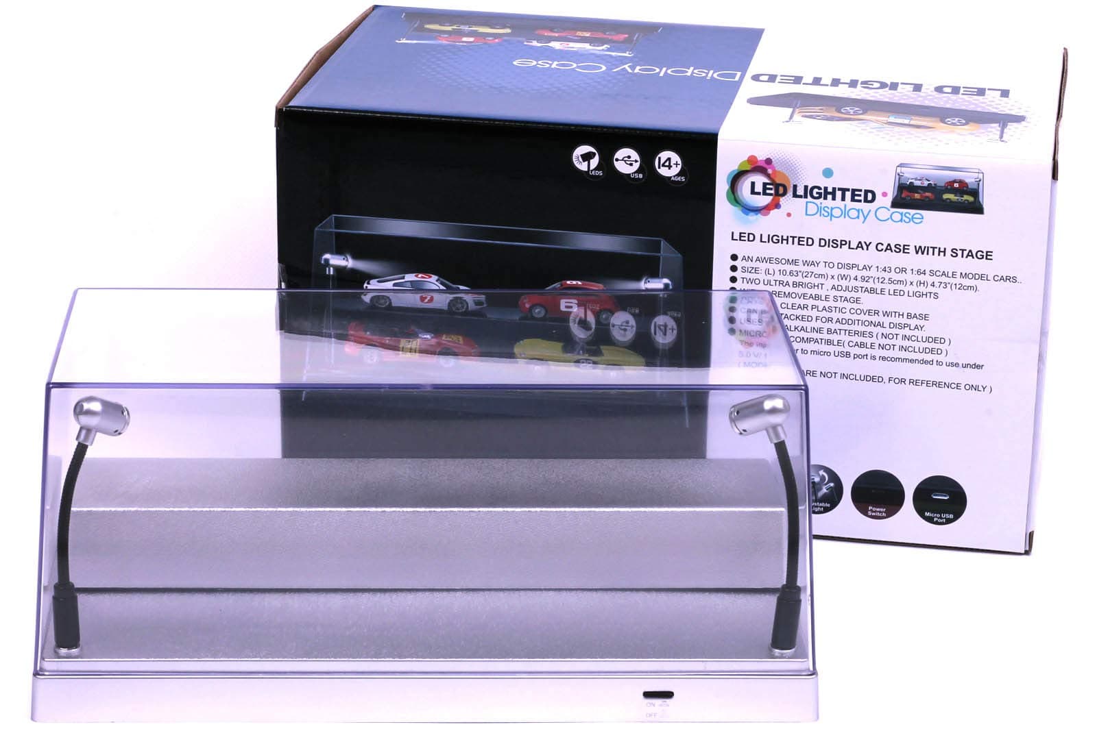 Acrylic Diecast Car Display Case with LED Lights, including USB dimming cable: silver base, scale 1/24