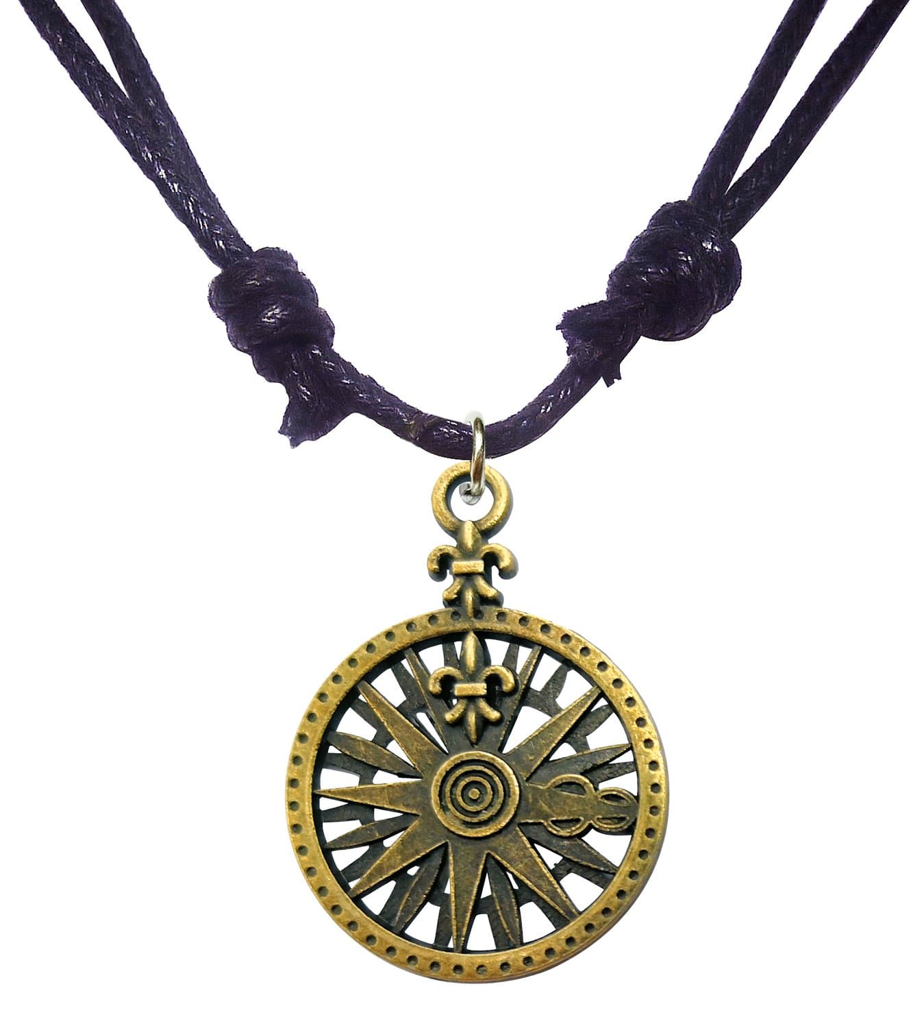 Bijoux de JaAntique Bronze Fleur de Lis Compass Pendant Adjustable Cord Necklace 16"
