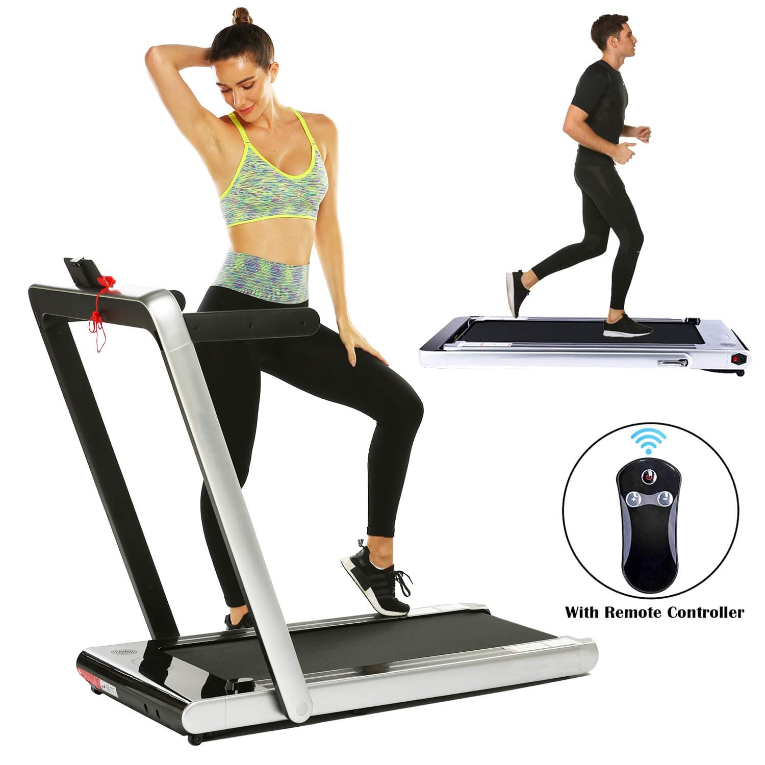 2 in 1 Under Desk Treadmill, Smart 2.25 HP Folding Electric Treadmill, Walking Running Jogging Machine with Bluetooth Audio Speakers, Fitness Trainer Equipment for Home Gym Office (Silver)