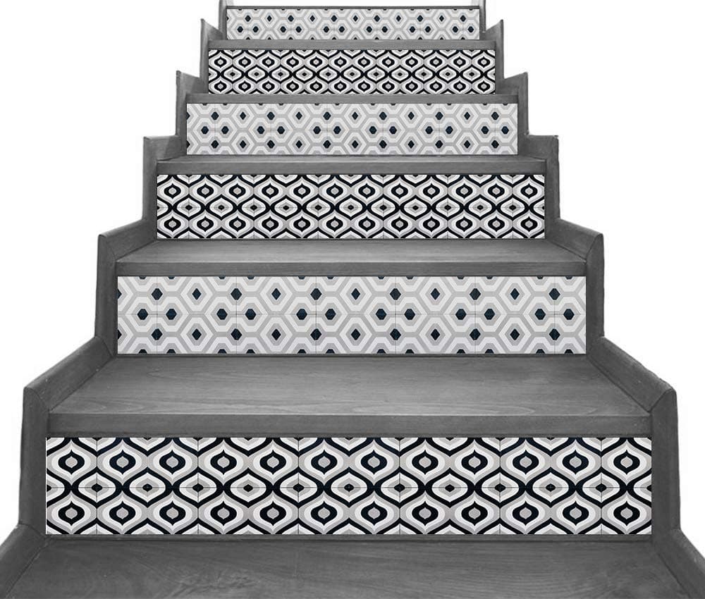 Peel and Stick Stair Riser Decals - Encaustic Cemented Tile Look - Decorative Vinyl Strips - Pack of 5 Strips (Step Height 7" inch)