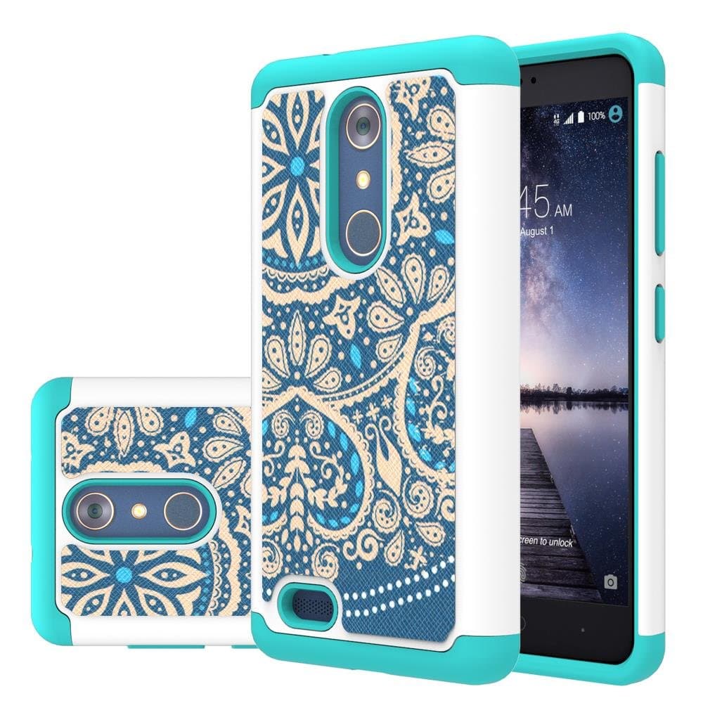 ZTE Zmax Pro Case, LEEGU [Shock Absorption] Dual Layer Heavy Duty Protective Silicone Plastic Cover Armor Case for ZTE Zmax Pro / Z981 - Blue Flower