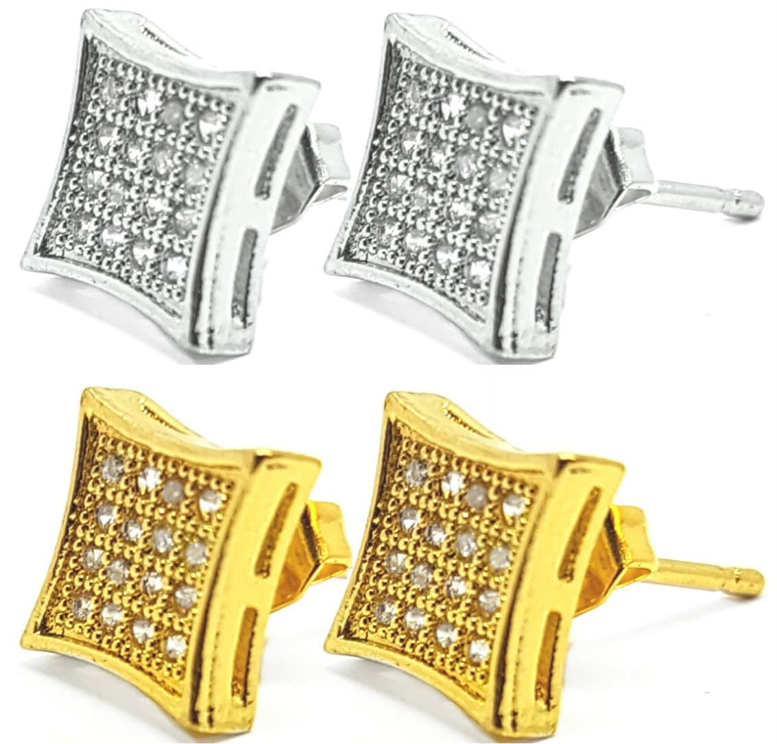 Ear Piercing Square Stud Earrings Gold Silver Crystal Iced Out Studs 7mm- 2 Pairs