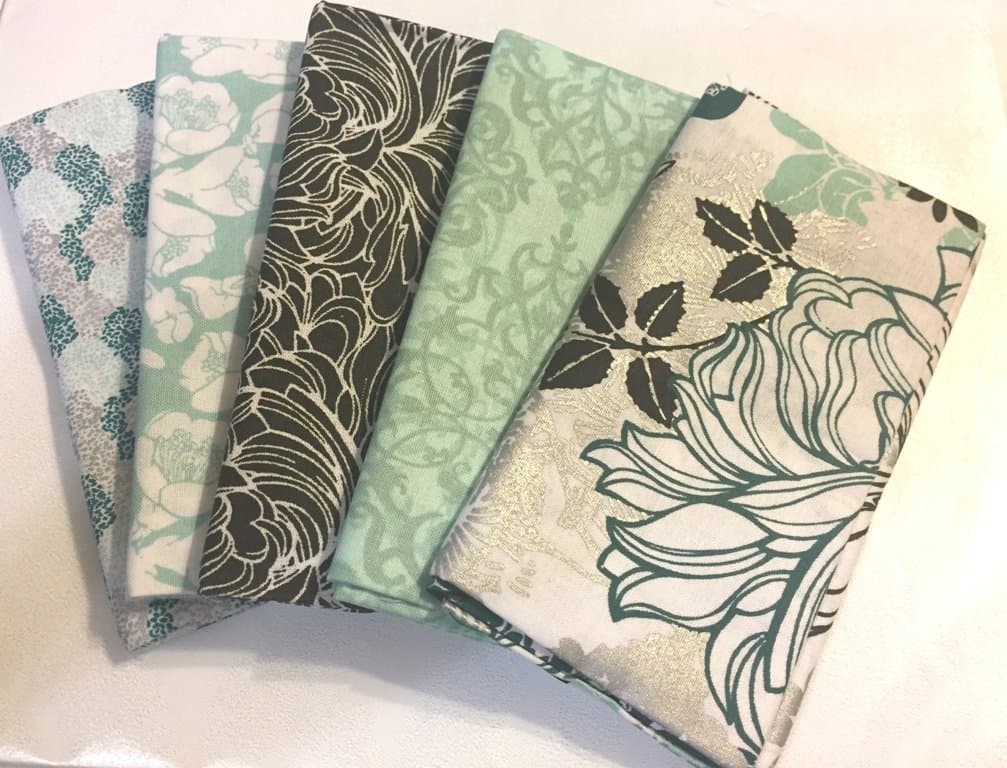 5 Pc Fabric Fat Quarters, Melody Mint, Teal, Silver Metallic, Black, White
