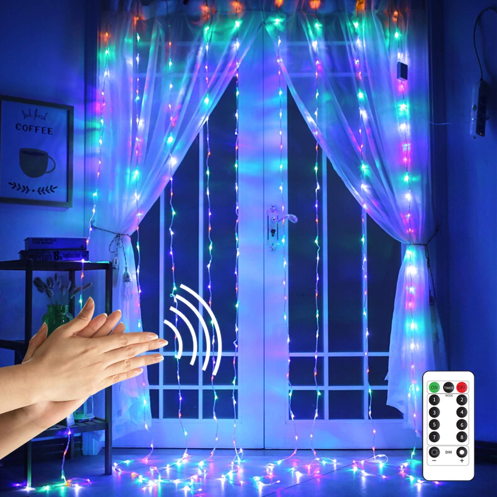 Multicolor Curtain Lights String,9.8Ftx9.8Ft 300 LED Hanging Fairy Lights with Remote for Bedroom Wall Decor,Sync Music Setting & 8 Modes with Auto On/Off Timer