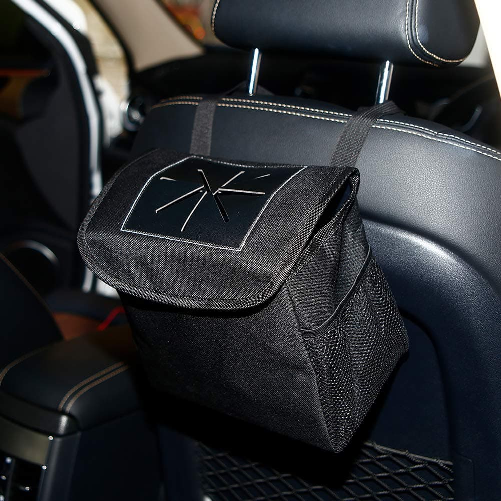 DYTesa Waterproof Car Trash Can,Adjustable Strap Car Trash Bag with Cover and Storage Pockets,Collapsible Car Garbage Can Suits for Headrest and Car Door (Black, 5 Pcs)