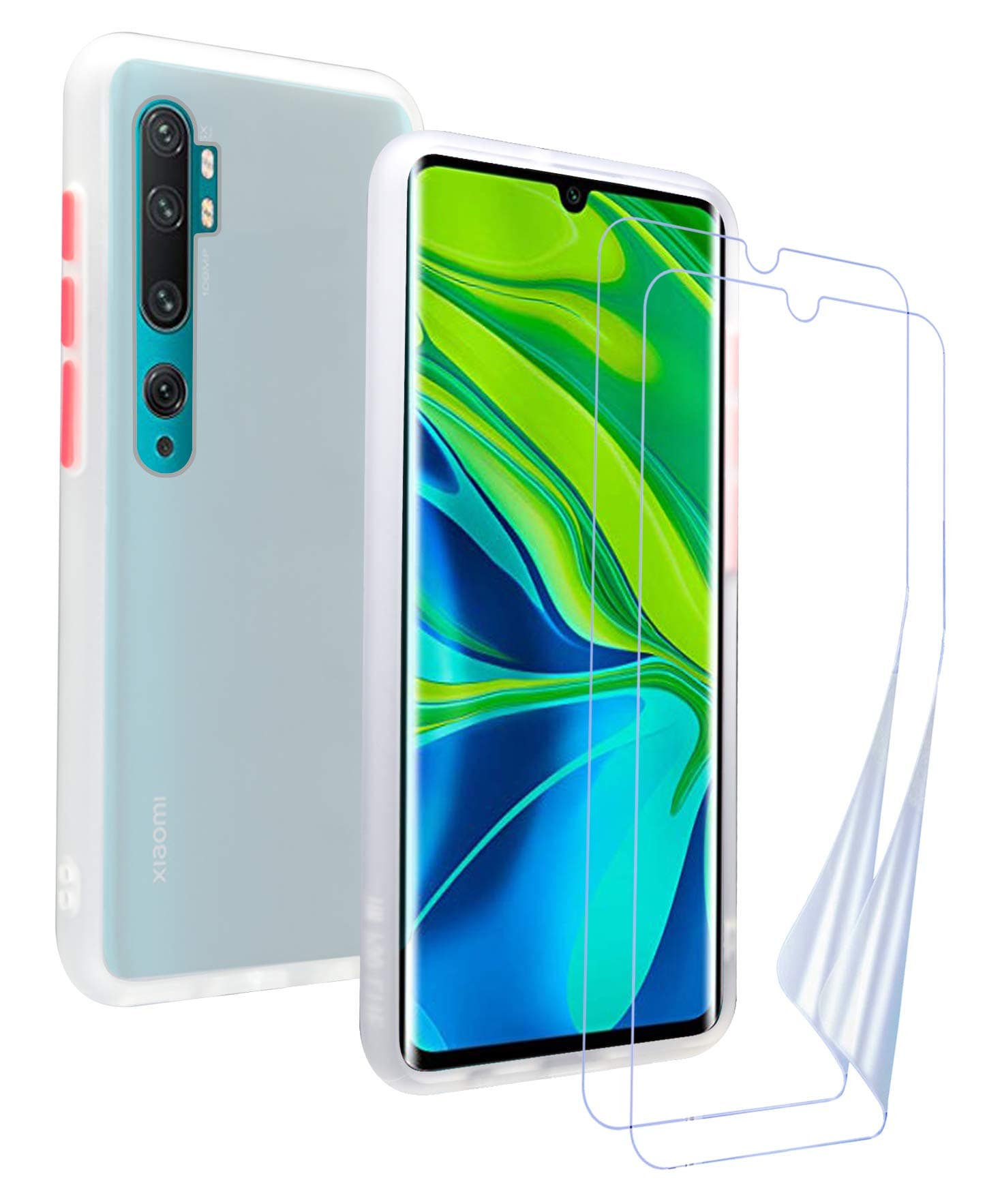 KANSI Case for Xiaomi Mi Note 10/Mi Note 10 Pro + Screen Protector,Soft Silicone TPU + Matt White PC Shockproof Independent Color Button Cover - White